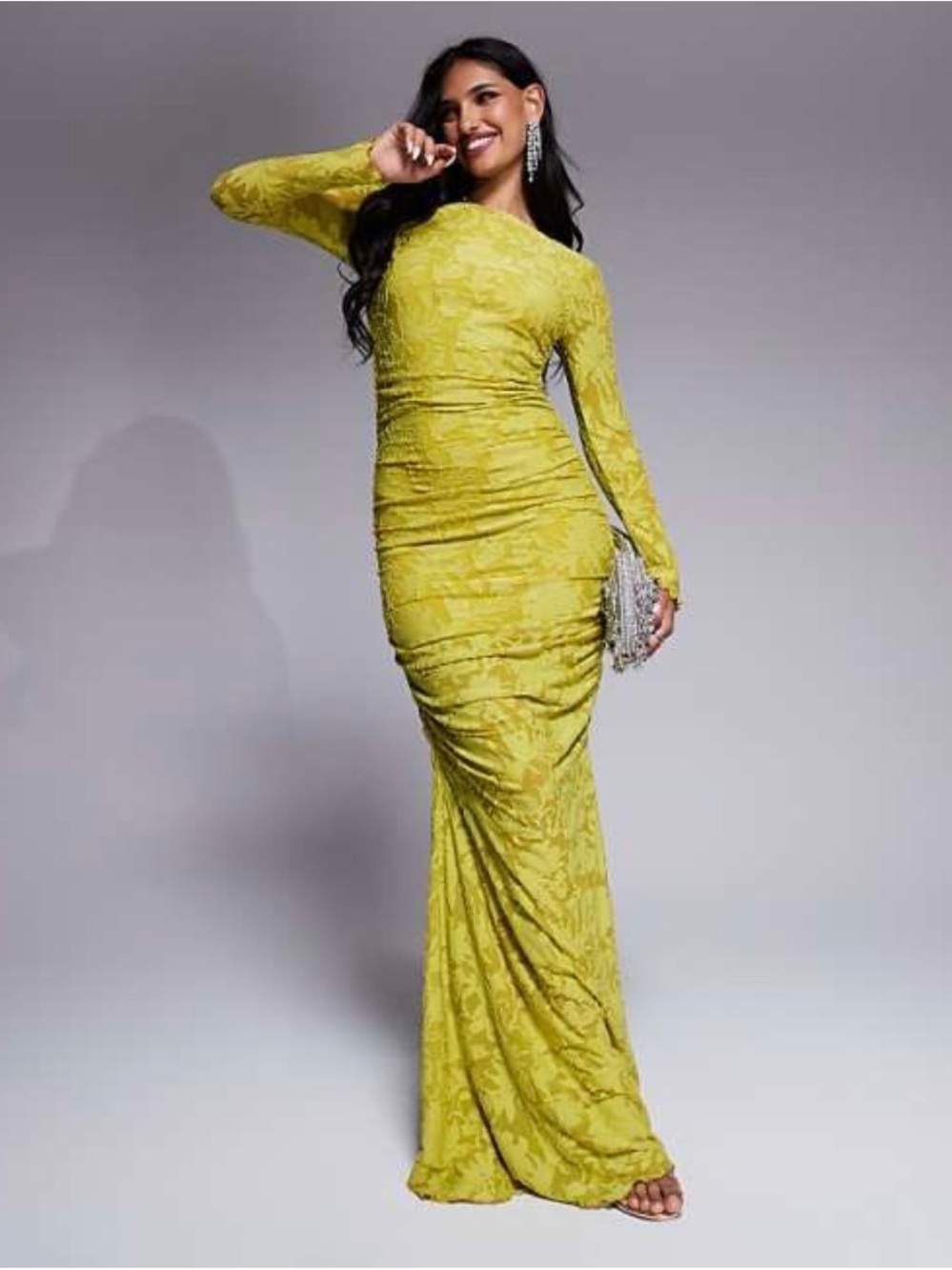 NWT ASOS Yellow Floral Ruched Mesh Maxi Dress Size Medium